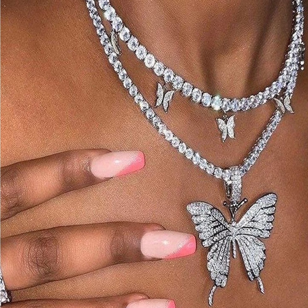 Rhinestone 2 Tier Butterfly Necklace